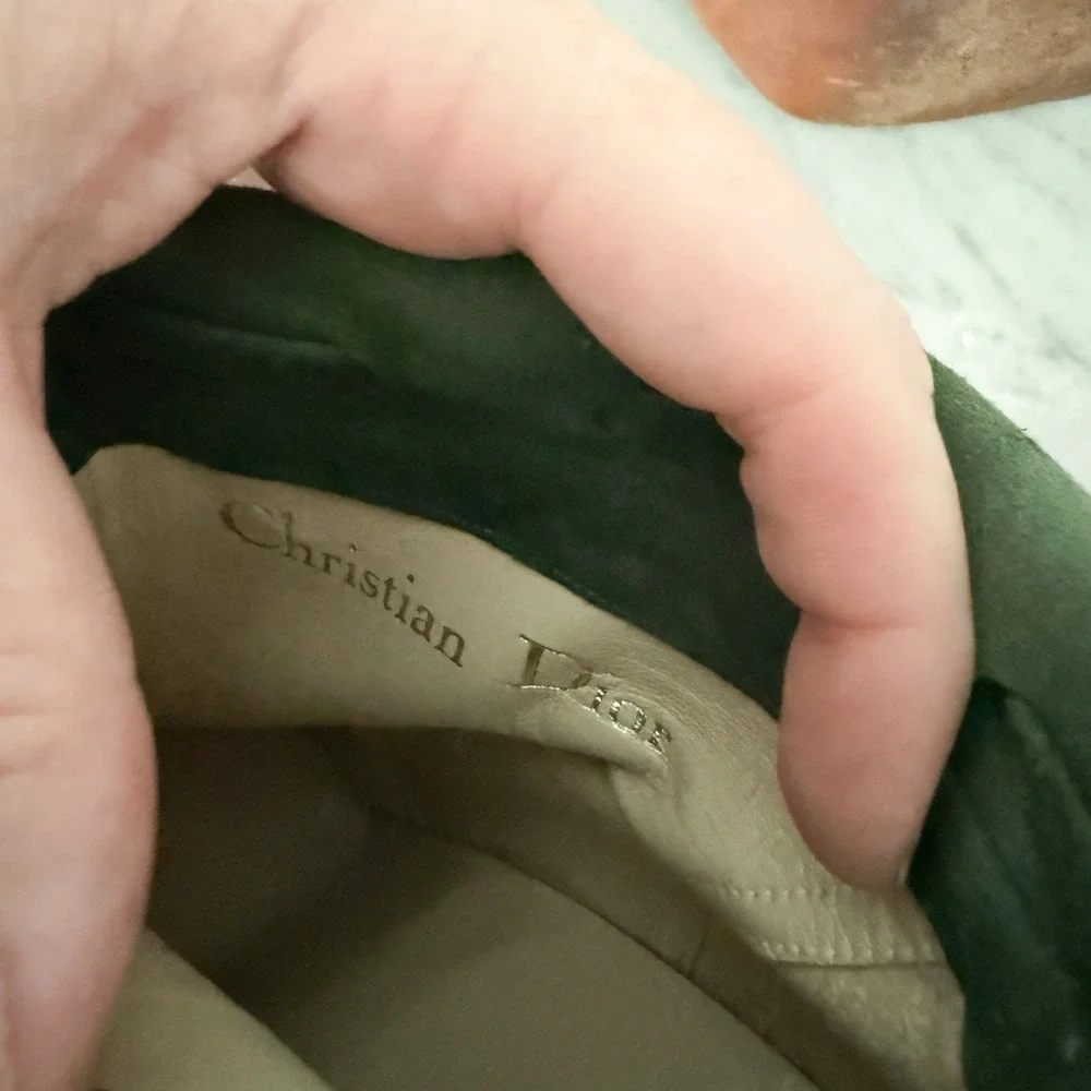 Christian Dior Vintage Ankle Boots Suede Fold Over Cuff 7.5 Olive Green Tie Back